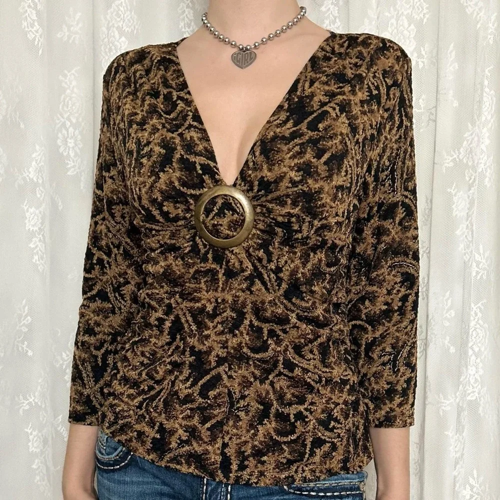Y2K Leopard Print Brown B-Neck Blouse - Picture 3 of 6